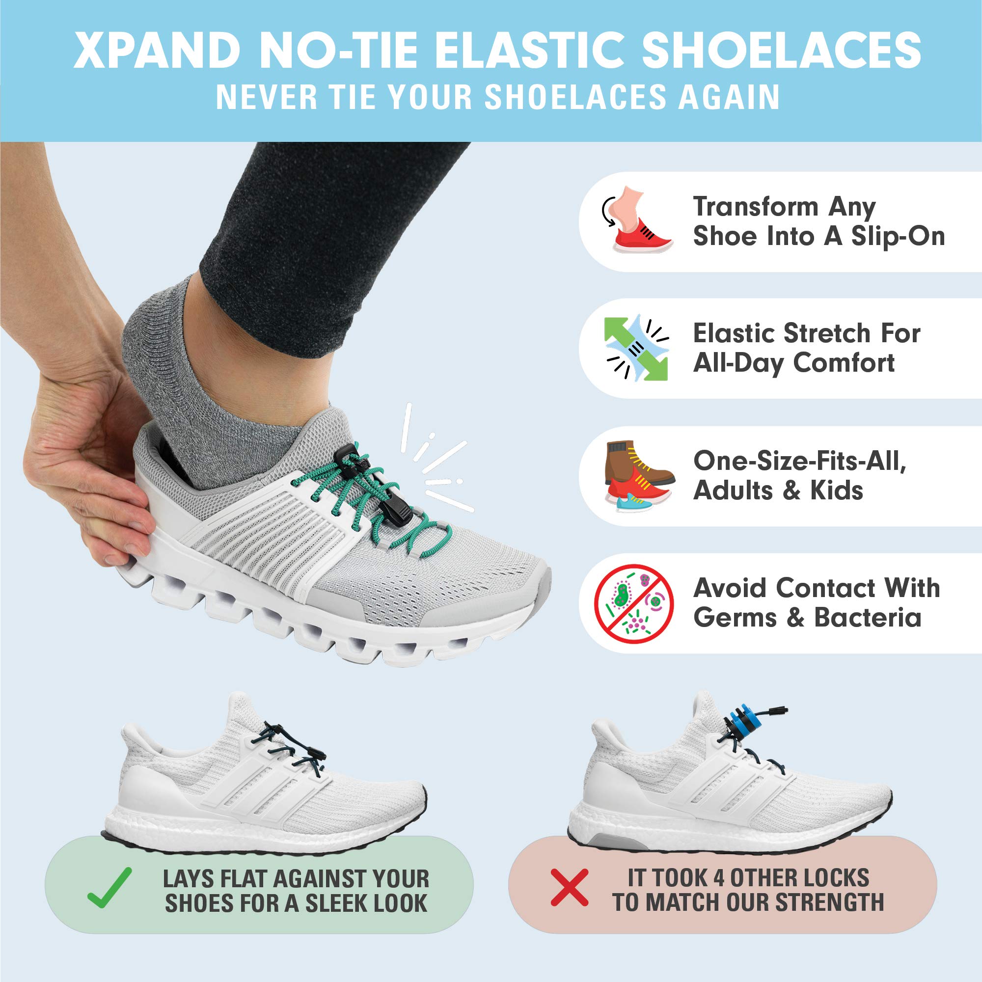 Xpand Round Lacing. Elastic No Tie Shoelaces - Quick Release Tension Control - One Size Fits All Adult and Kids Shoes - Image 4