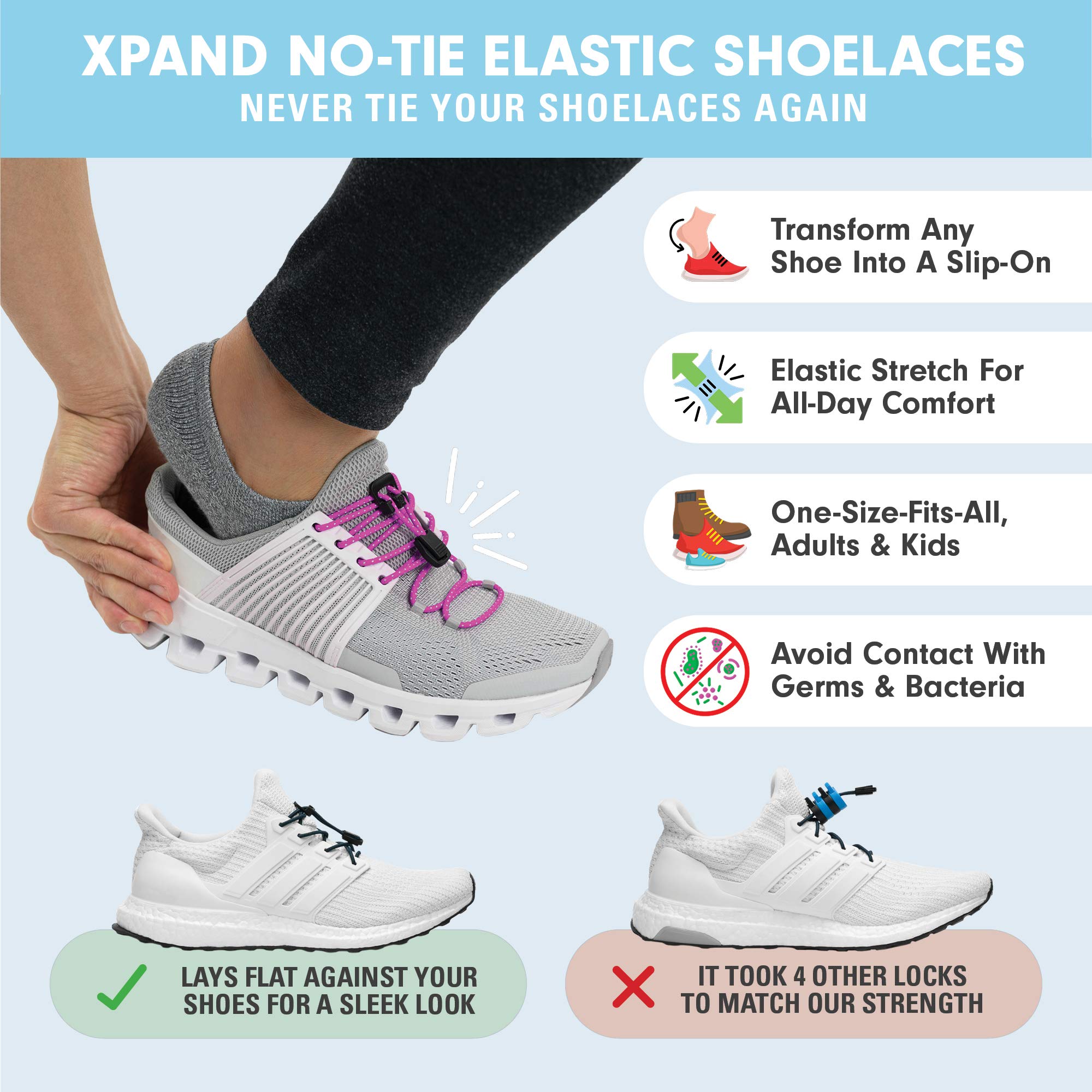 Xpand Round Lacing. Elastic No Tie Shoelaces - Quick Release Tension Control - One Size Fits All Adult and Kids Shoes - Image 5