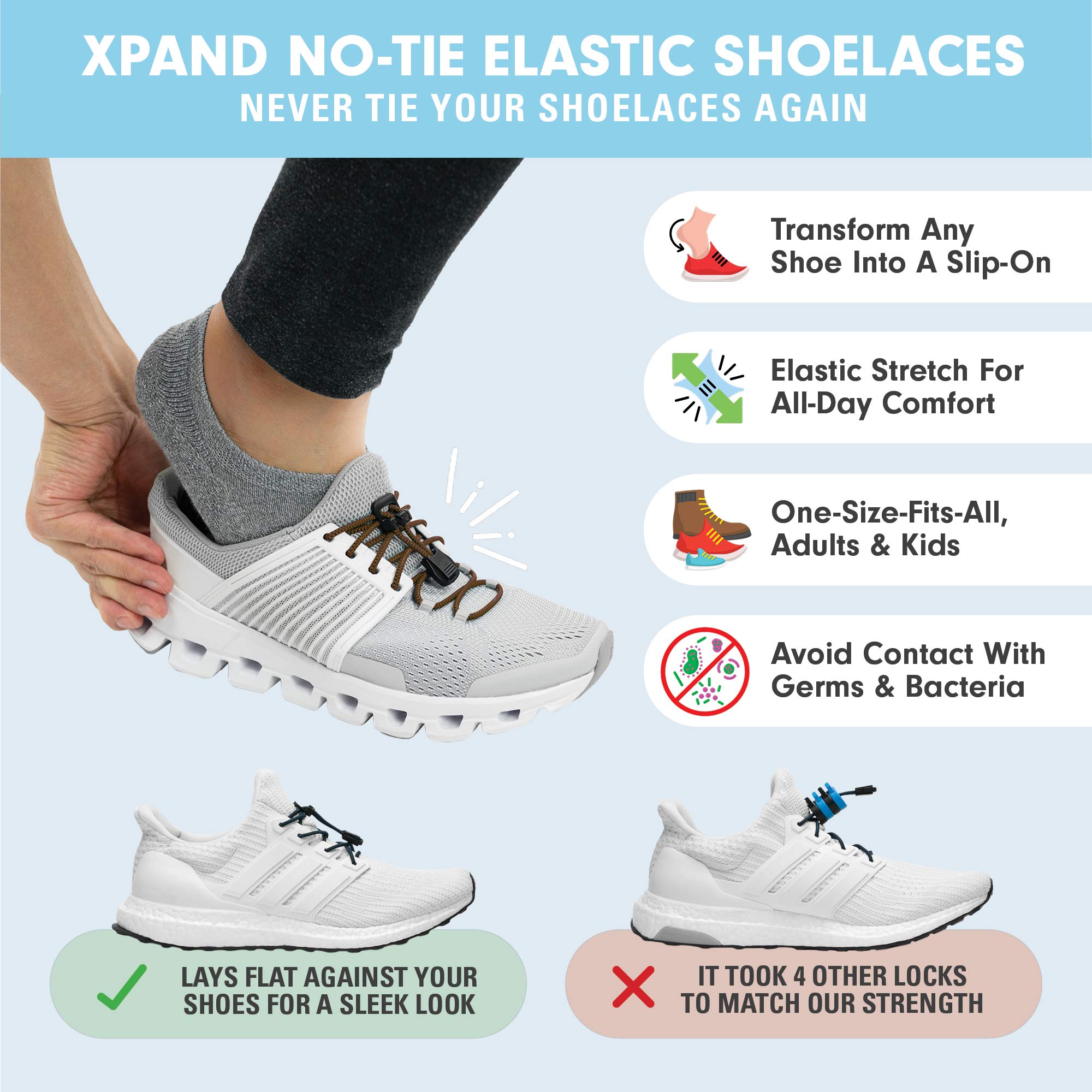 Xpand Round Lacing. Elastic No Tie Shoelaces - Quick Release Tension Control - One Size Fits All Adult and Kids Shoes - Image 5