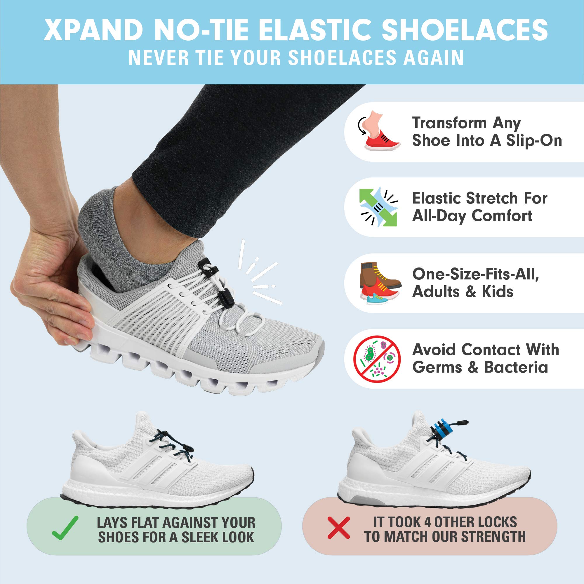 Xpand Round No Tie Shoelaces - Elastic Lacing System - One Size Fits All Adults and Kids Shoes (Pack of 2) - Image 5